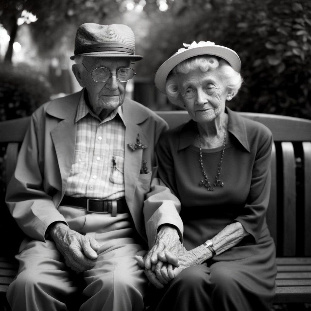 A black and white photo of an elderly couple