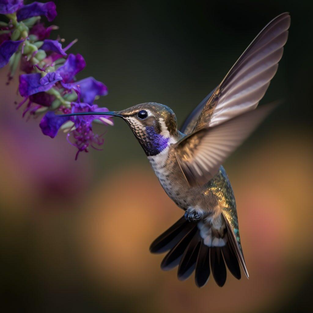 A close-up of a hummingbird hovering over a flower
