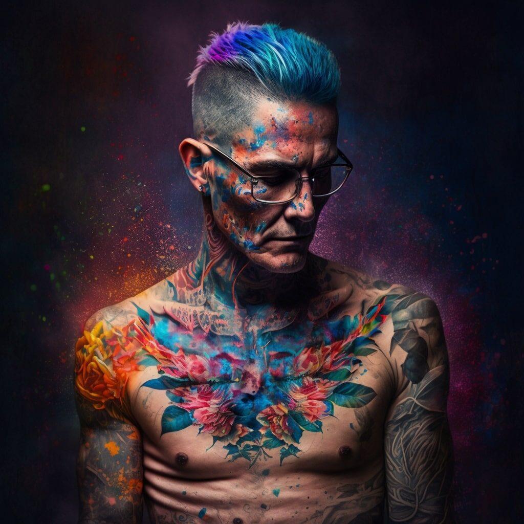 A portrait of a person with colorful tattoos