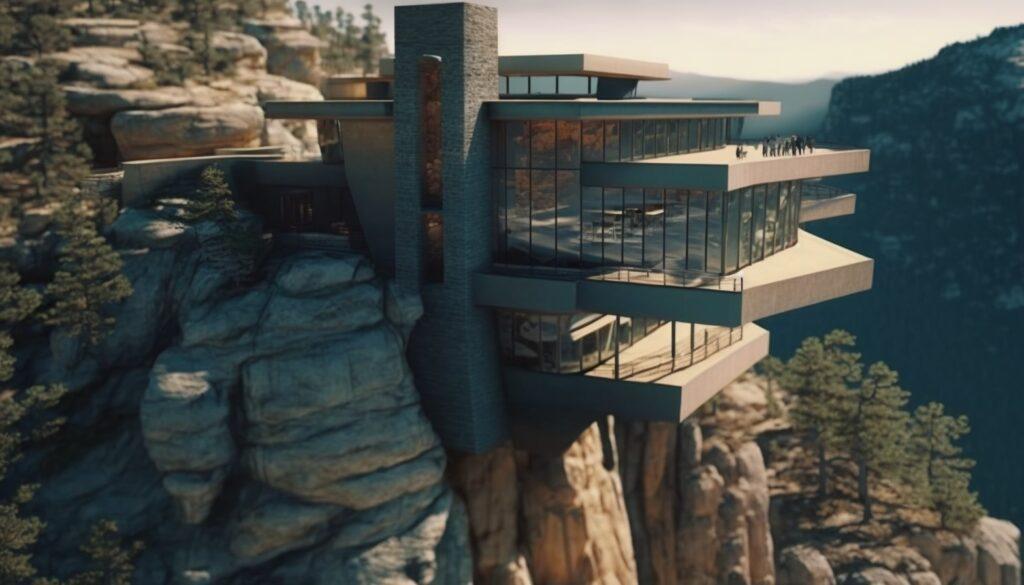 a drone shot, post-modern stunning glass cliff house
