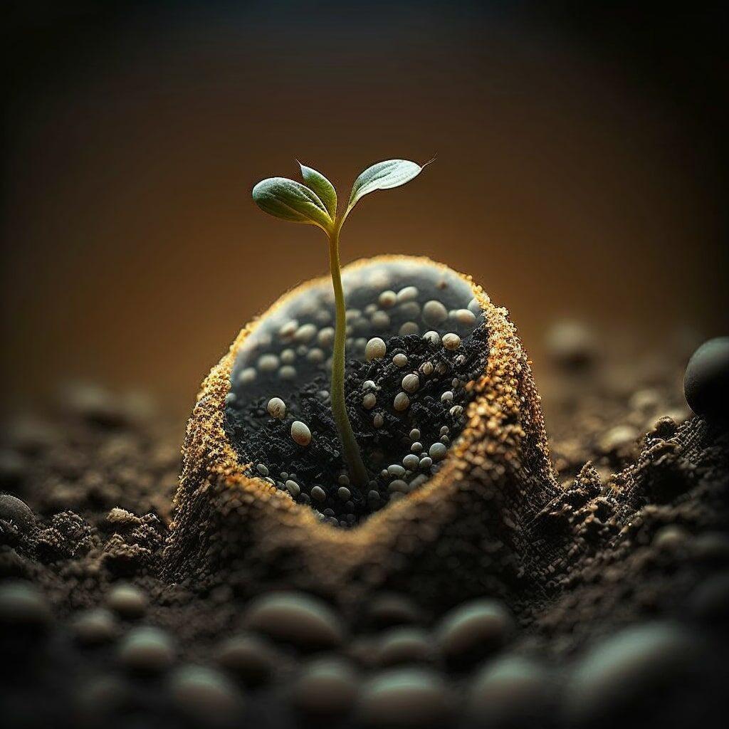 a photograph of a seed growing in soil