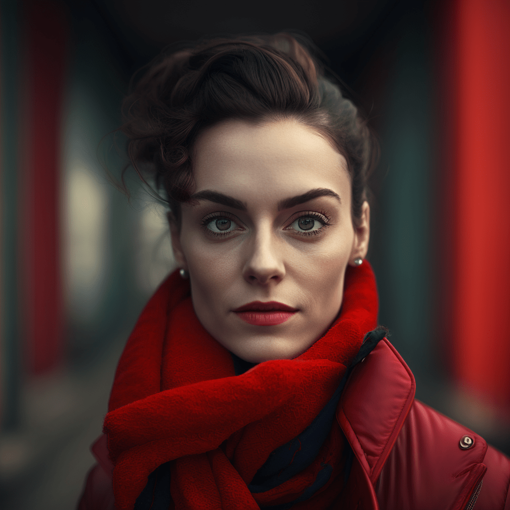 a woman in a red jacket and scarf