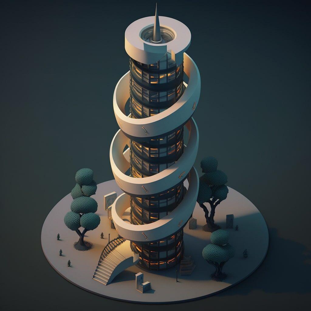 an isometric spiral-shaped skyscraper with a Helix design