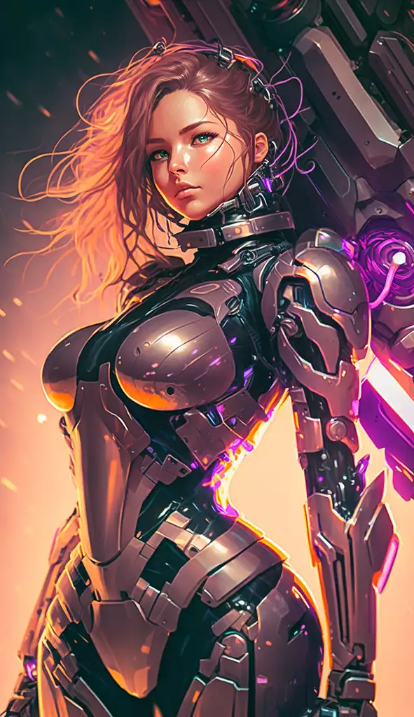 beautiful young girl in a futuristic female warrior armor(cyborg neon armor)