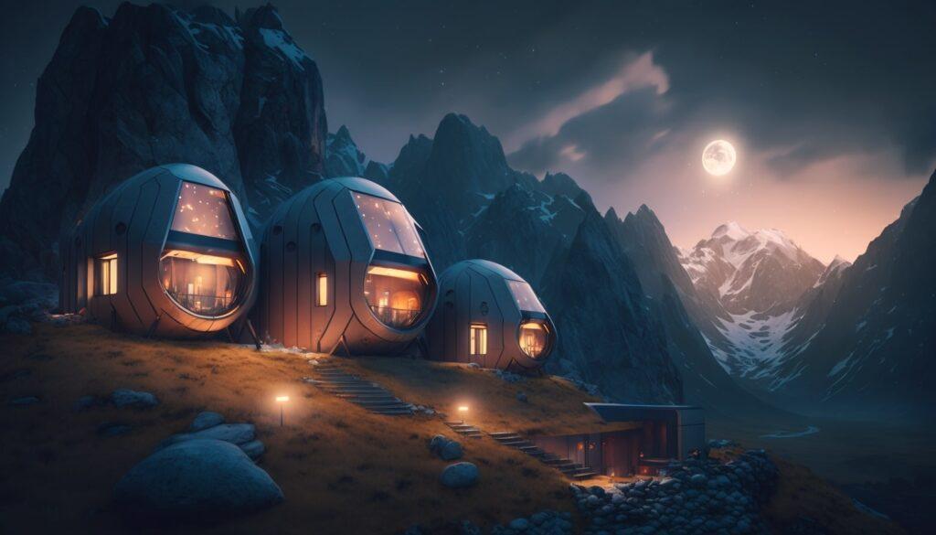 futuristic living pods, float on the mountainside