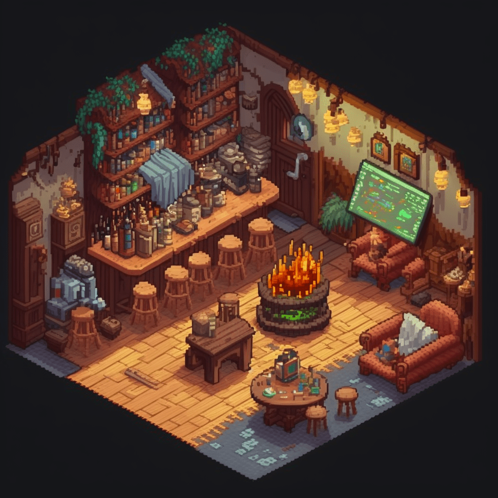 isometric, fantasy cozy tavern interior