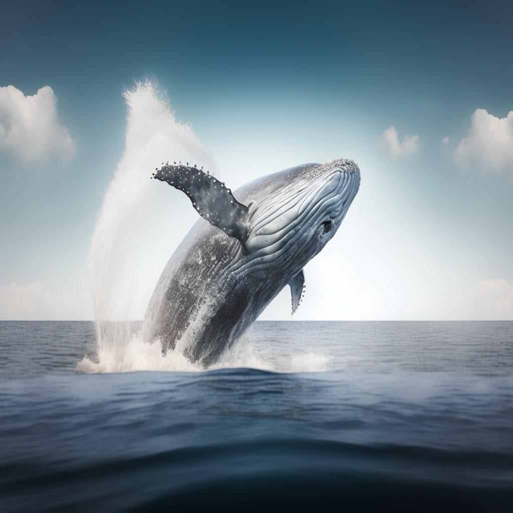 photorealisitc shot of a blue whale jumping out of the ocean