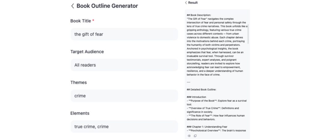 Book outline generator for "The Gift of Fear," featuring target audience, themes, elements, and detailed chapter structure.