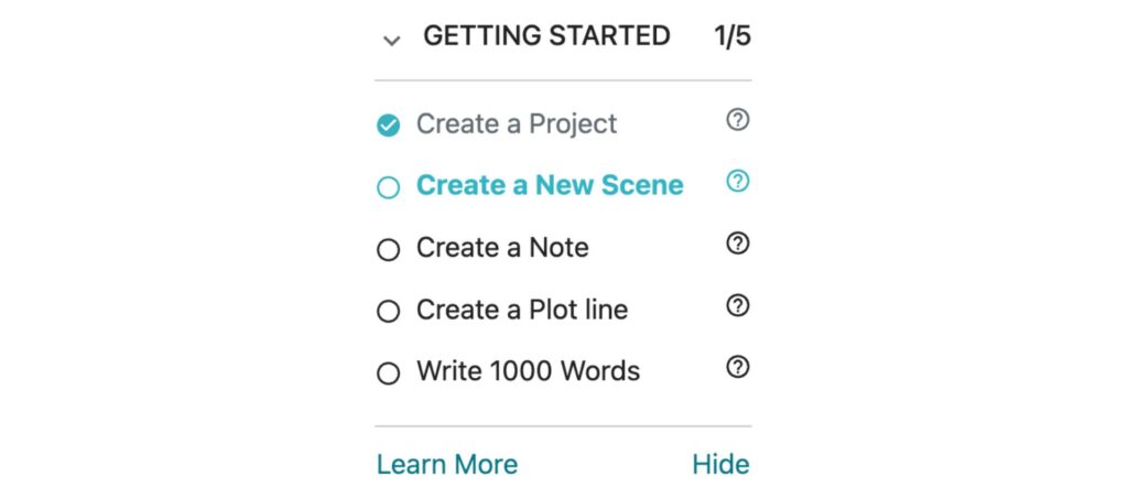 Task checklist in a writing app showing steps to create a project, new scene, note, plot line, and write 1000 words.