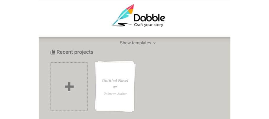 Dabble writing software dashboard showing recent projects with an untitled novel template and options to add new projects.