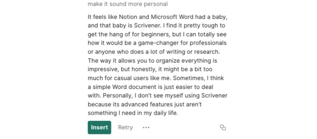 Personal review of Scrivener, comparing it to Notion and Word, noting its organizational strengths but finding it complex for casual users.