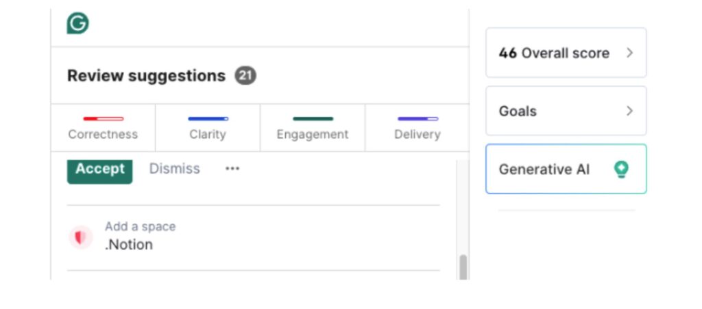 Grammarly interface showing review suggestions for correctness, clarity, engagement, and delivery with an overall score of 46.