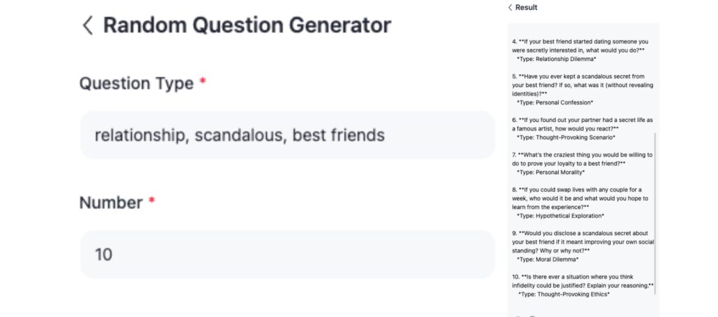 Random question generator on relationships, scandals, and best friends.