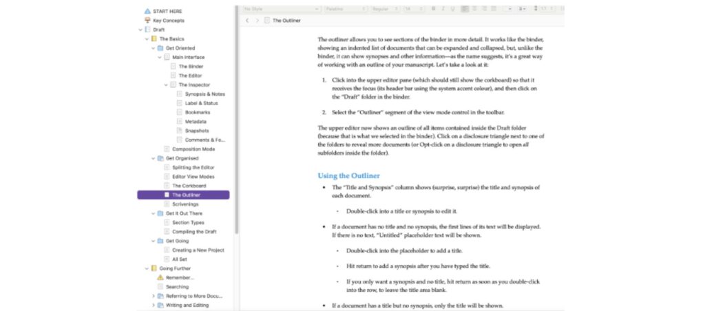 Scrivener tutorial page explaining how to use the Outliner tool for organizing sections, setting titles, and managing document structure.