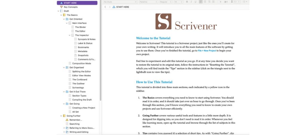 Scrivener tutorial welcome page explaining project setup, navigation, and instructions for new users to begin writing and organizing.