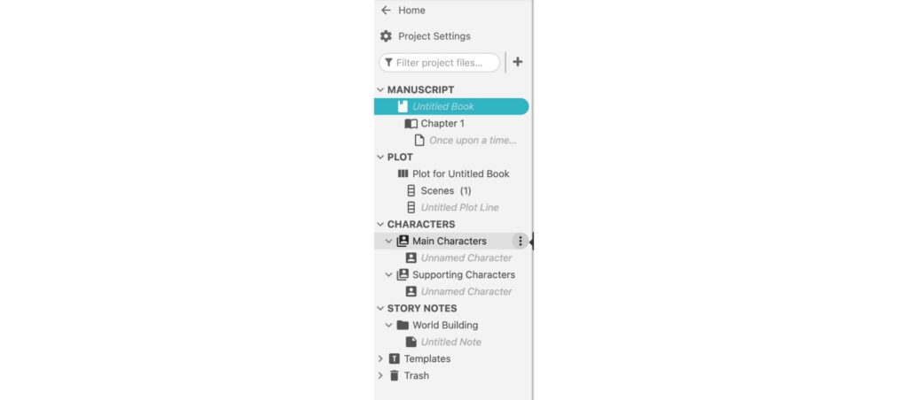 Manuscript outline in writing software displaying sections for plot, characters, and story notes for project organization.