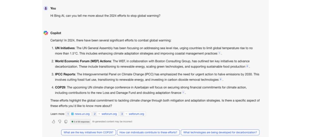 Summary of 2024 global climate efforts, including UN and WEF initiatives, to address global warming and reduce carbon emissions.