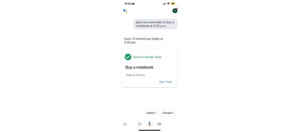 Google Assistant reminder set to buy a notebook at 2:00 p.m., displayed in Google Tasks on a smartphone screen.