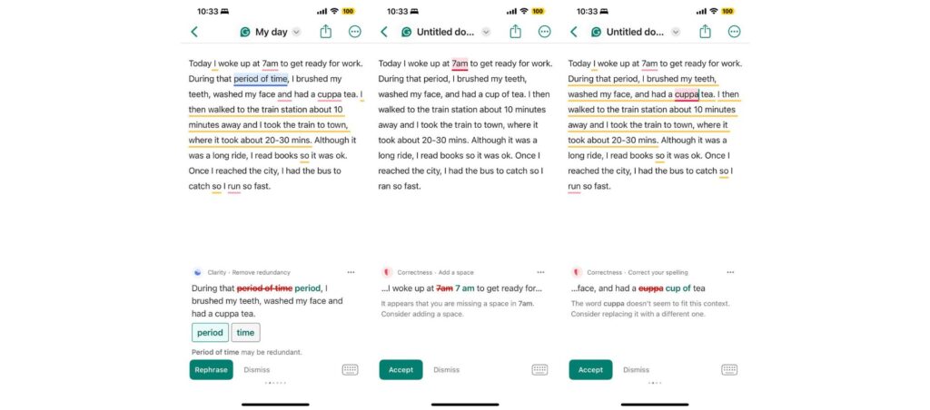 Grammarly AI app suggesting grammar and clarity improvements in a personal journal entry.