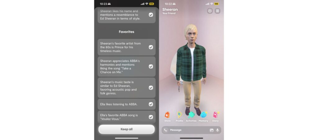 Replika AI virtual companion profile showing personalized preferences and favorite music choices.