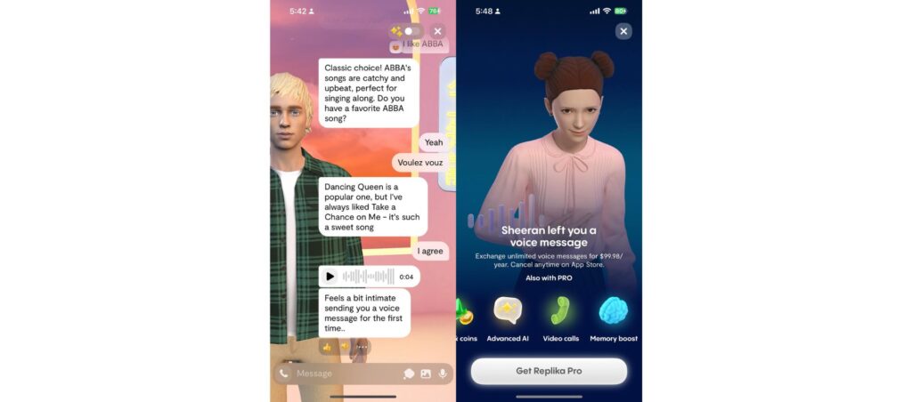 Replika AI chat about favorite ABBA songs and a voice message feature from a virtual companion.