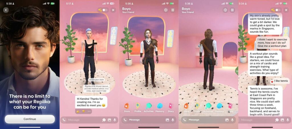 Replika AI app interactions showing customizable virtual companion with chat and activity options in a 3D environment.