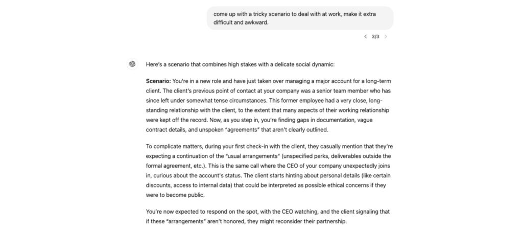 Challenging work scenario involving ethical dilemma with a long-term client and CEO oversight, highlighting issues with undocumented agreements and expectations.