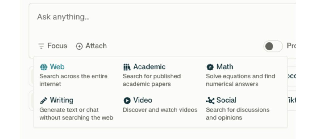 AI search interface showing categories like Web, Academic, Math, Writing, Video, and Social for targeted search queries.