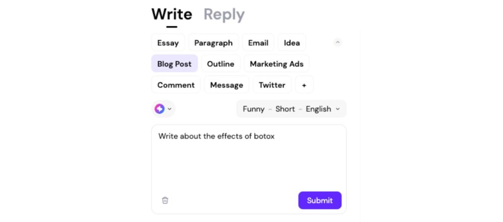 AI writing tool interface with options for various content types like blog posts, emails, and marketing ads, showing a botox prompt.