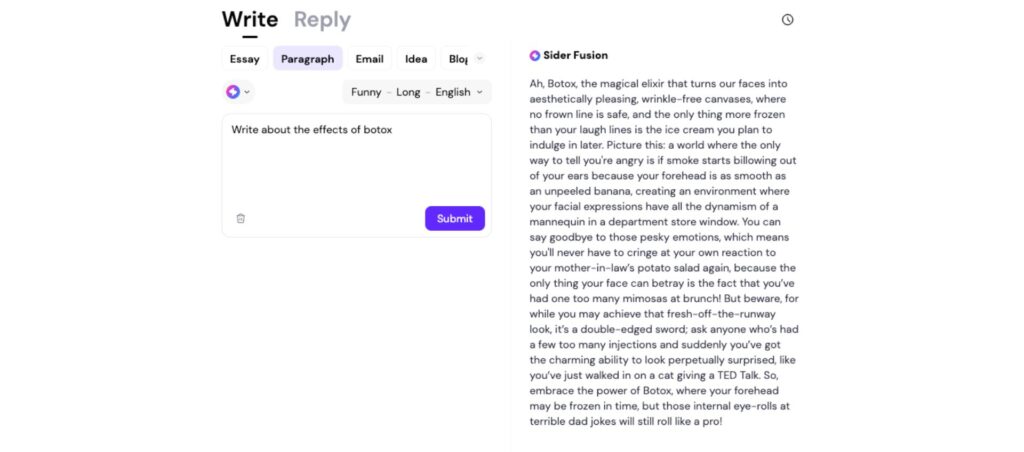 AI writing tool generating a humorous paragraph about the effects of Botox, with selectable options for tone, length, and content type.