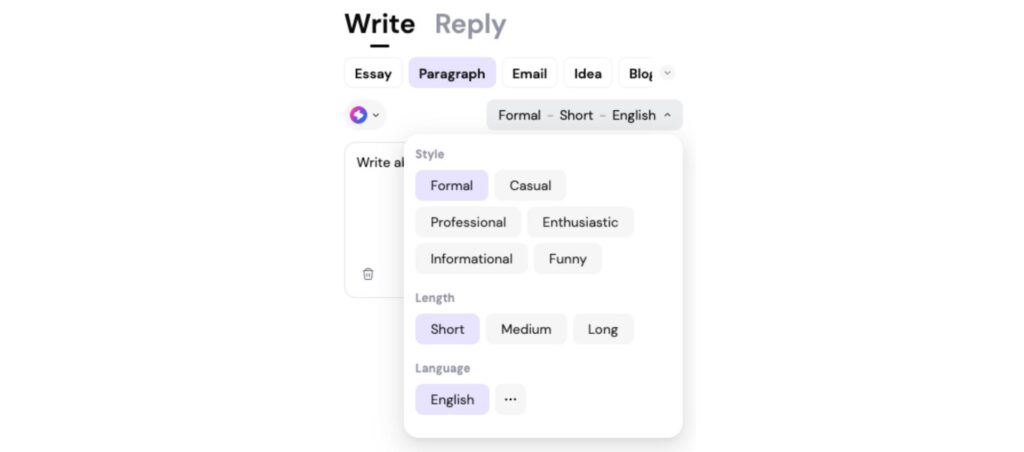 AI writing tool showing options for style, length, and language, including choices like formal, casual, and professional.