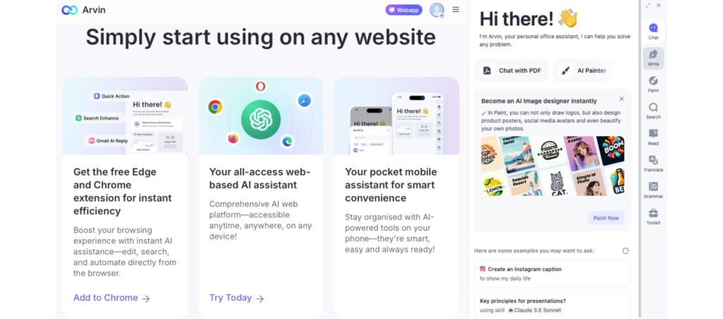 Arvin AI platform overview showing browser extension, web-based assistant, and mobile assistant for efficient AI-powered browsing.