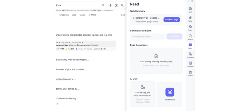 Arvin AI interface displaying web summarization, document reading, and AI OCR tools for extracting and summarizing information.