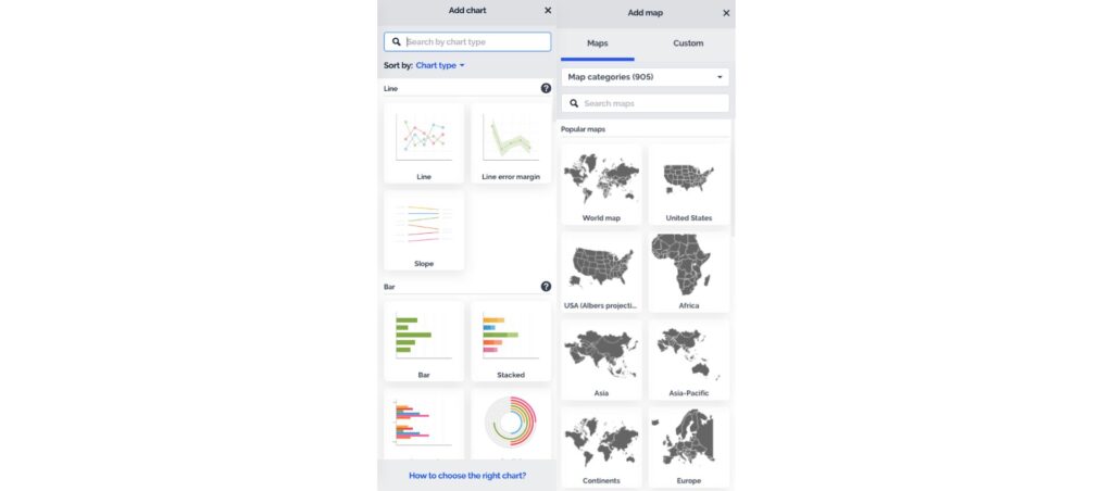 Interface showing options to add charts and maps, including bar charts, line graphs, and world maps for data visualization.