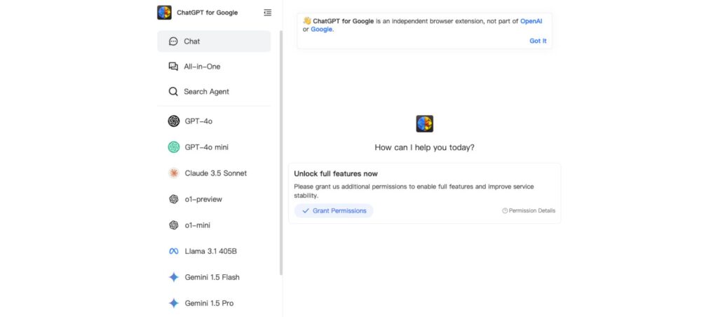 ChatGPT for Google interface showing chat options and permissions prompt to unlock full features of the independent browser extension.