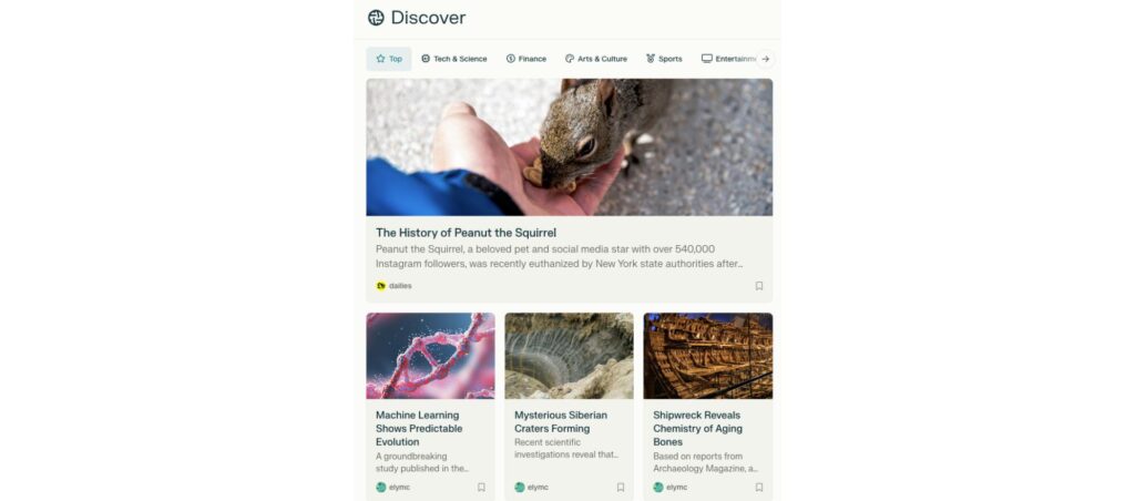 Discover page showcasing trending topics, including Peanut the Squirrel, machine learning, Siberian craters, and ancient bones research.