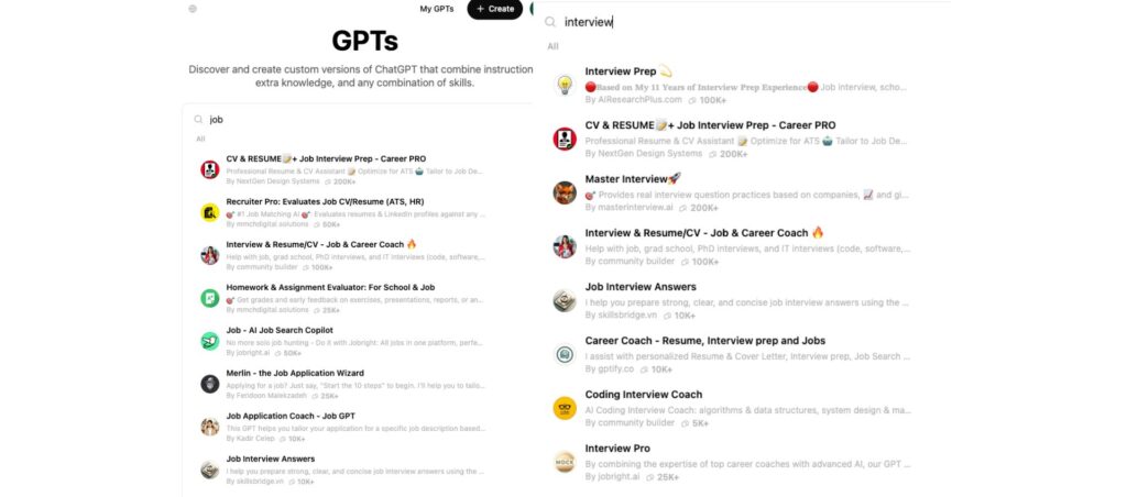 List of GPTs for job interview preparation, including resume help, career coaching, and interview tips.