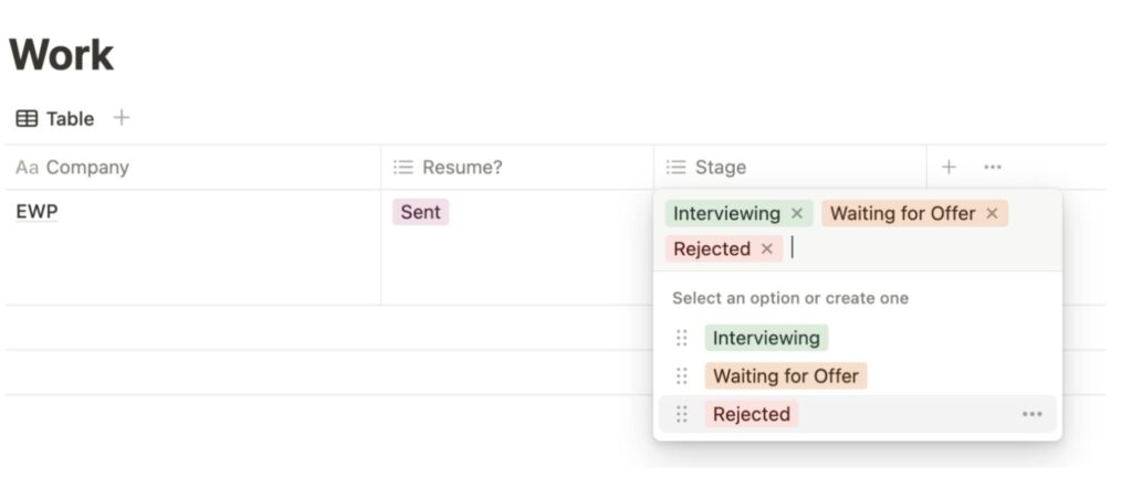 Notion table tracking job application stages, including options for "Interviewing," "Waiting for Offer," and "Rejected."