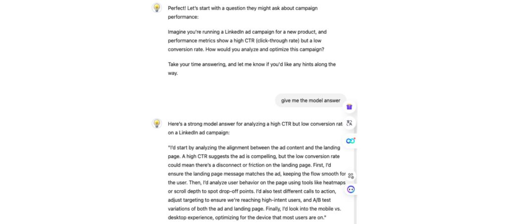 Conversation on optimizing a LinkedIn ad campaign with high CTR but low conversion, including a model answer for improvement tips.