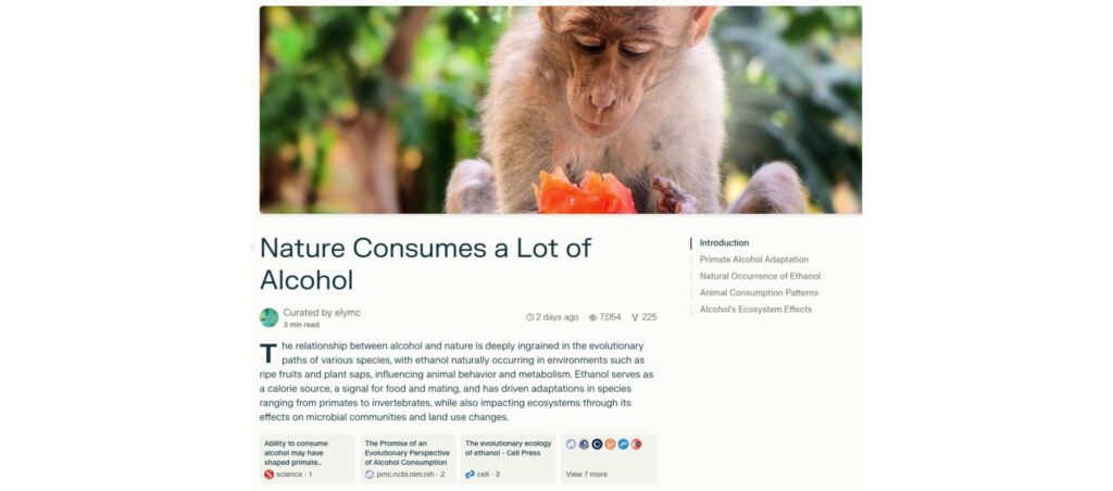 Article titled "Nature Consumes a Lot of Alcohol" featuring a monkey eating fruit, discussing alcohol consumption in various species.