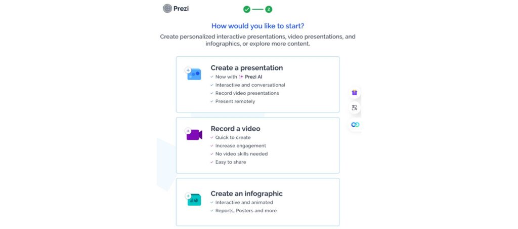 Prezi screen with options to create a presentation, record a video, or create an infographic for interactive content creation.