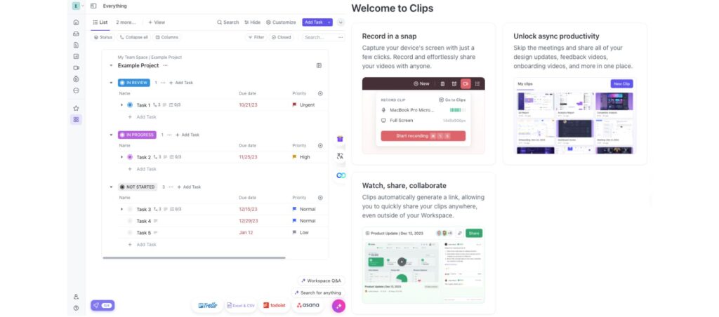 Dashboard showing project tasks and Clips features for recording, sharing, and enhancing productivity with screen capture tools.