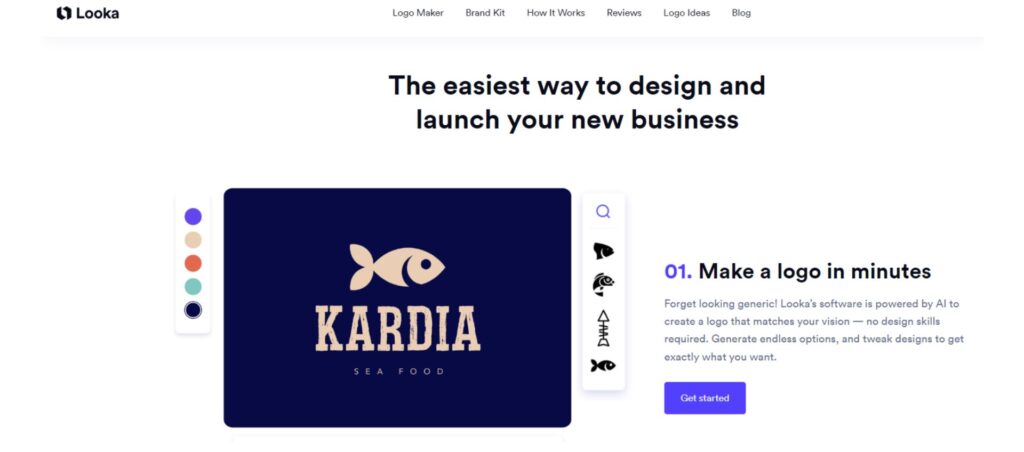 Looka logo maker shows how to decide your logo with AI, featuring an example seafood logo design called 'Kardia' and easy customization options.