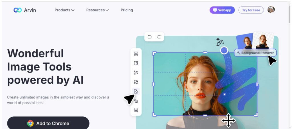 Arvin AI interface displaying image tools like background remover, allowing users to edit, resize and enhance images easily with AI.