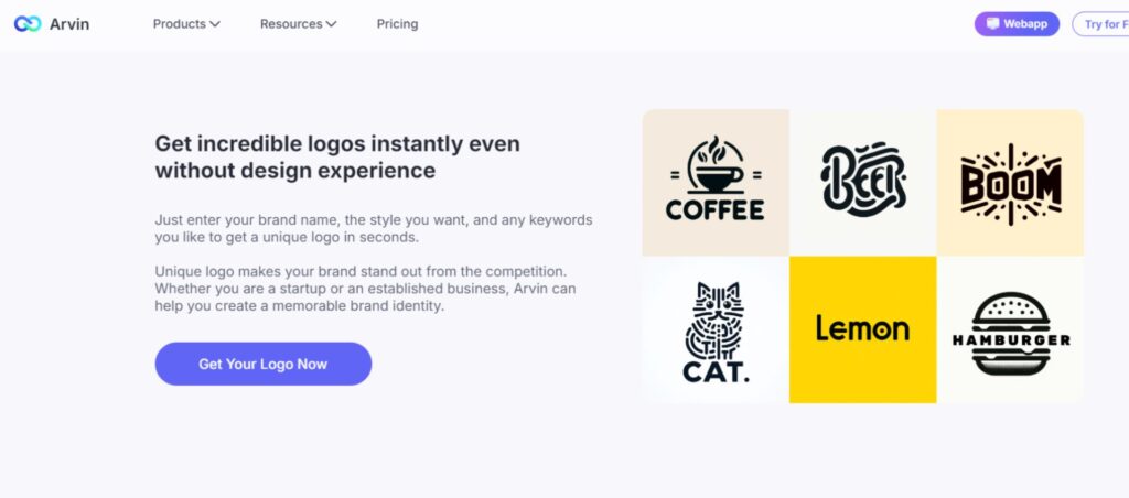 Arvin logo generator offers instant, unique logos for businesses, featuring examples like coffee, beer, cat, lemon, and hamburger logos.