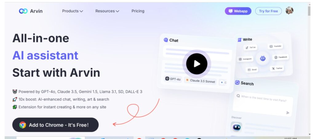 Arvin AI homepage featuring its all-in-one AI assistant for chat, writing, search, Figma integration, and an option to add the Chrome extension.