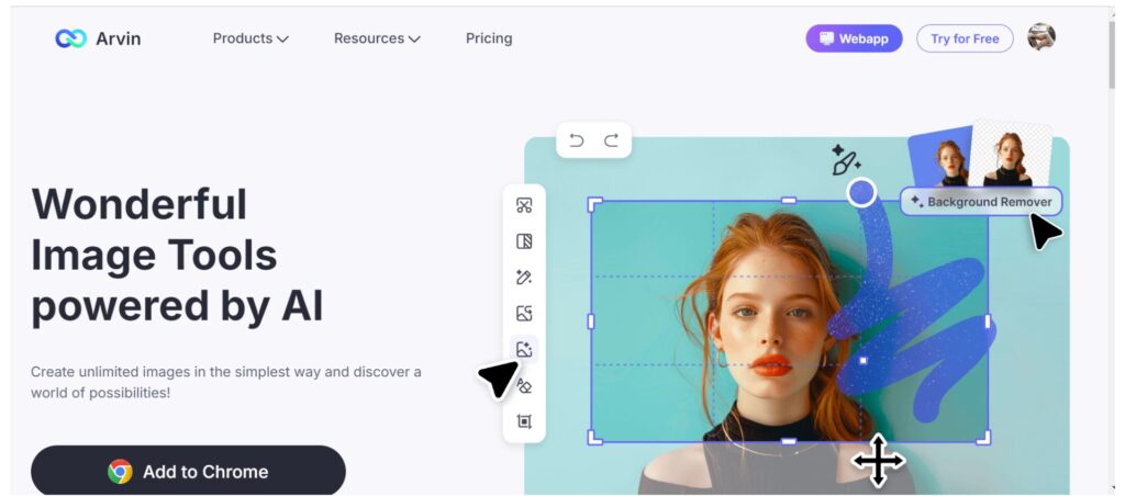 Arvin AI interface showcasing image editing tools like background remover for creating and customizing images using AI-powered features.