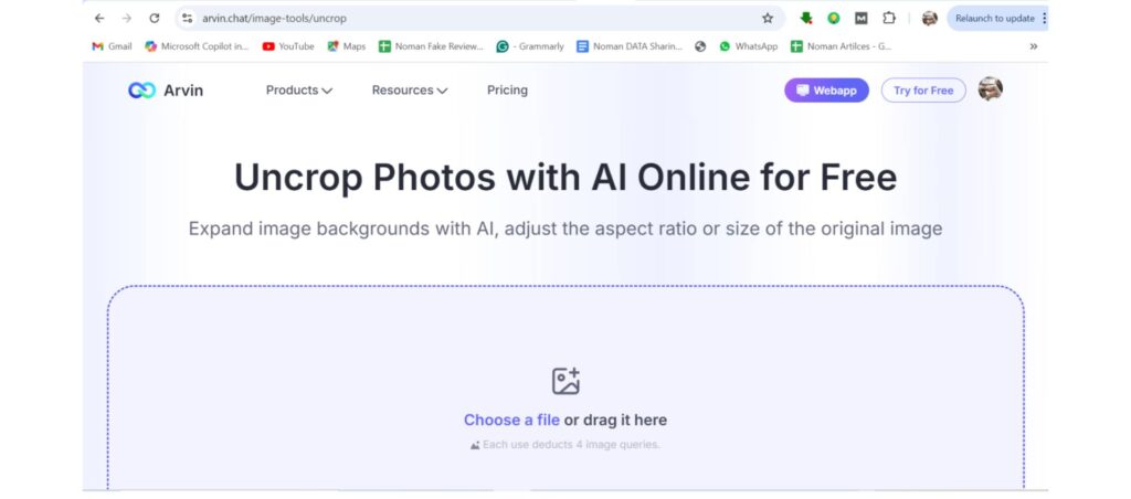 Arvin AI tool for uncropping photos online, allowing users to expand image backgrounds, adjust aspect ratios, and resize images for free.