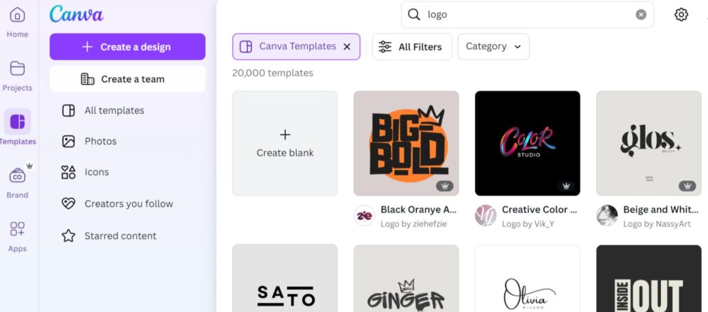 Canva logo templates showing options to help users decide their logo design, featuring various styles like bold, minimalist, and colorful.