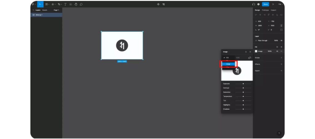 Figma interface showing an image selected, with the design panel on the right highlighting the "Fill" option and image adjustment settings